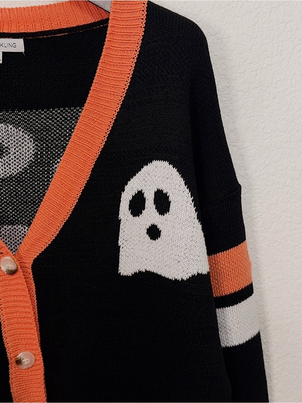 Miss Sparkling Halloween Ghost Boo Black Orange Oversized Button Cardigan Sweate - Picture 4 of 7